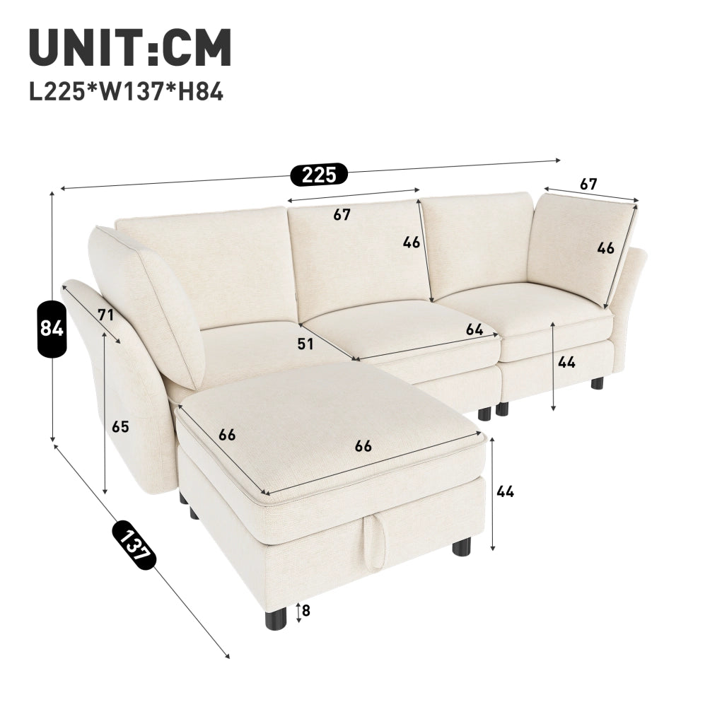 Divano modulare ad angolo a L con pouf contenitore, tessuto chenille beige, 4 posti, con 2 cuscini bracciolo