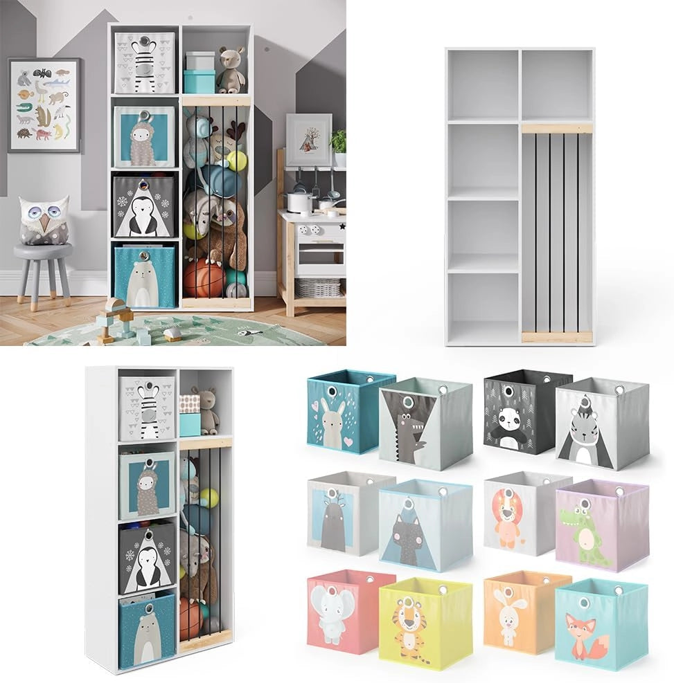 Libreria bambini Marvin, Bianco, 72 x 143 cm con 4 scatole pieghevoli opt.2, adatto per riporre giocattoli e libri