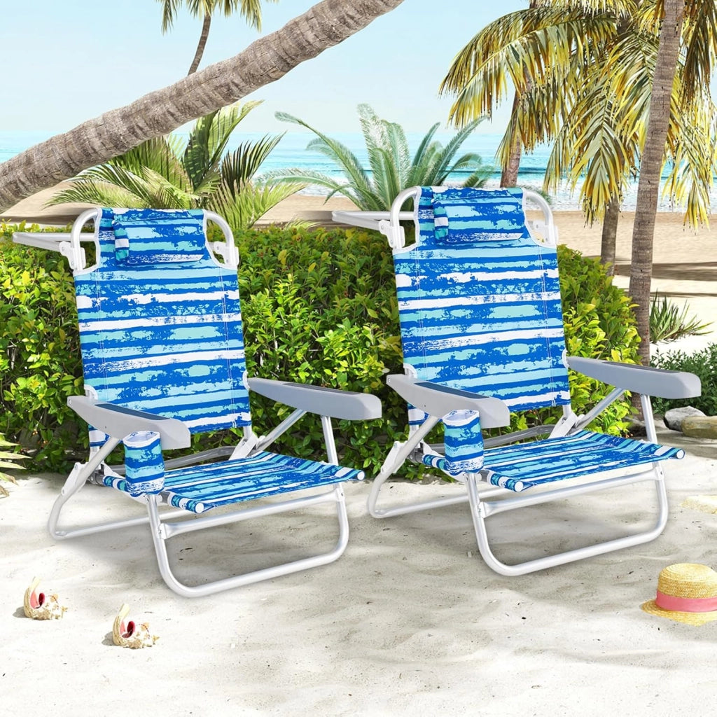 Set di 2 Sedie da Spiaggia Pieghevoli, Spiaggina con Schienale Regolabile in 5 Posizioni, Sdraio Mare con Portabicchieri e Portaasciugamani, Lettino Prendisole per Campeggio, Picnic (Blu)