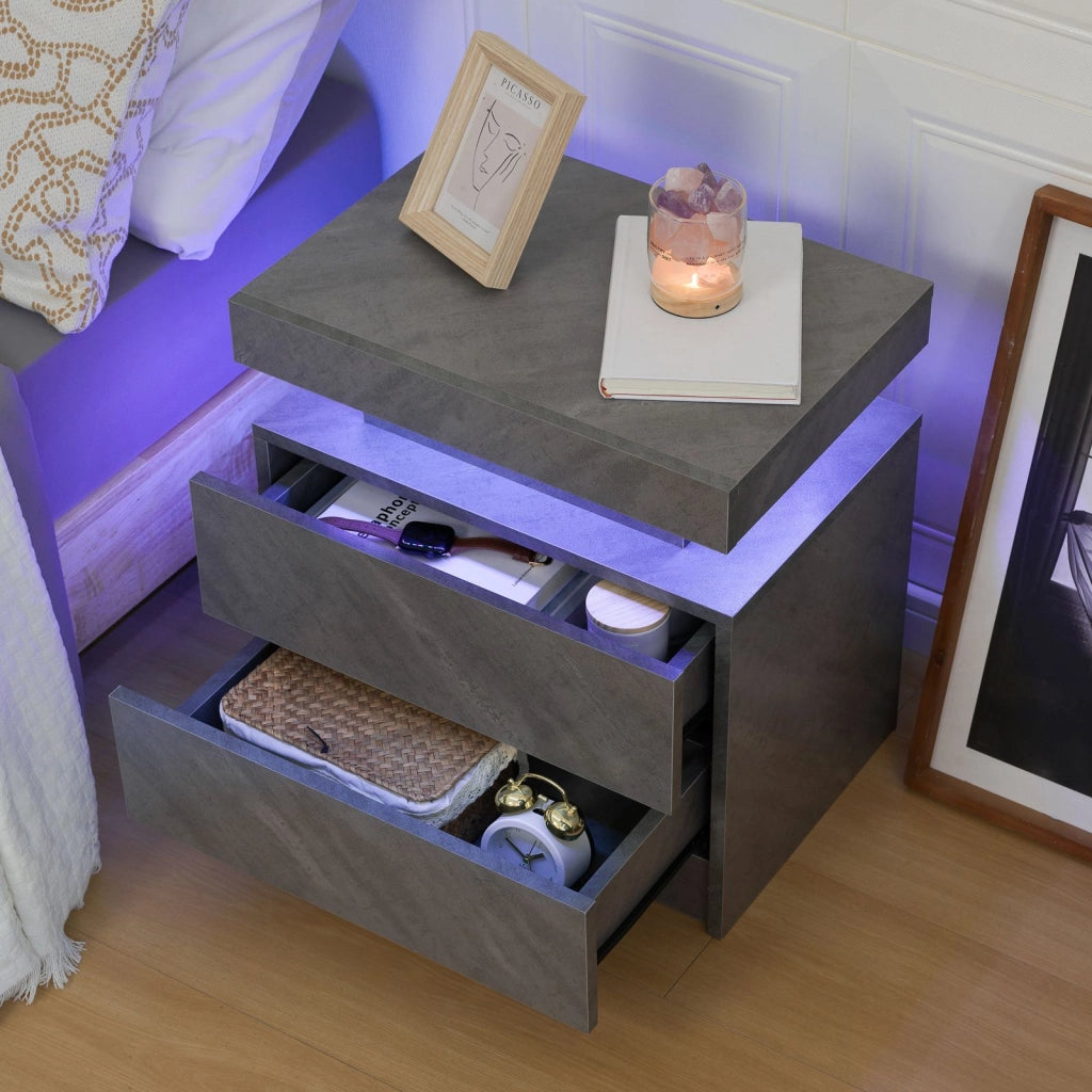 Comodino con LED regolabile, 2 cassetti e vano aperto, per camera da letto, in legno ingegnerizzato, grigio scuro