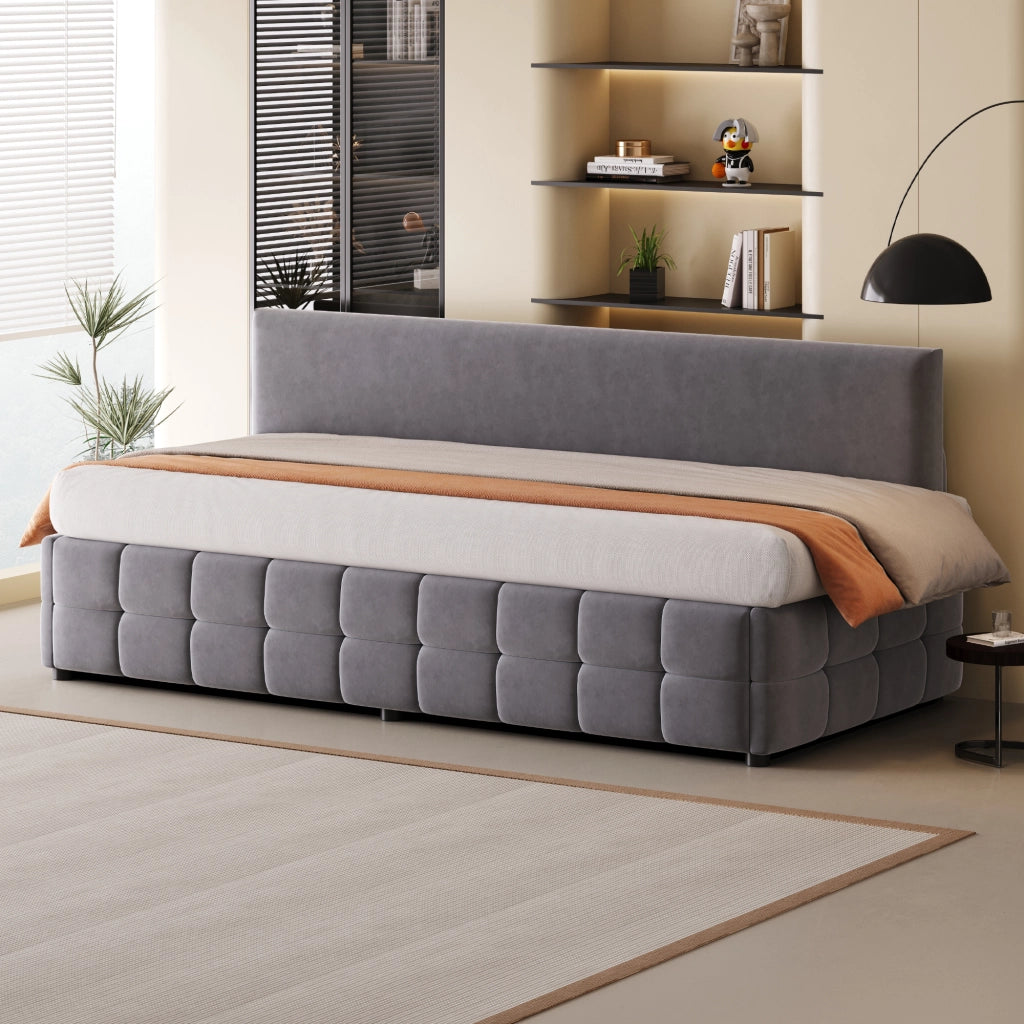 Letto imbottito 90x200 cm con contenitore idraulico, testiera senza braccioli, velluto grigio