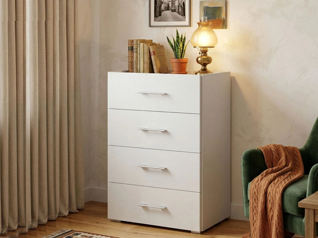 Cassettiera Avim, Settimanale a 4 cassetti per camera da letto, Mobiletto multiuso da ufficio o studio, Cm 50x41h87, Bianco e Cemento