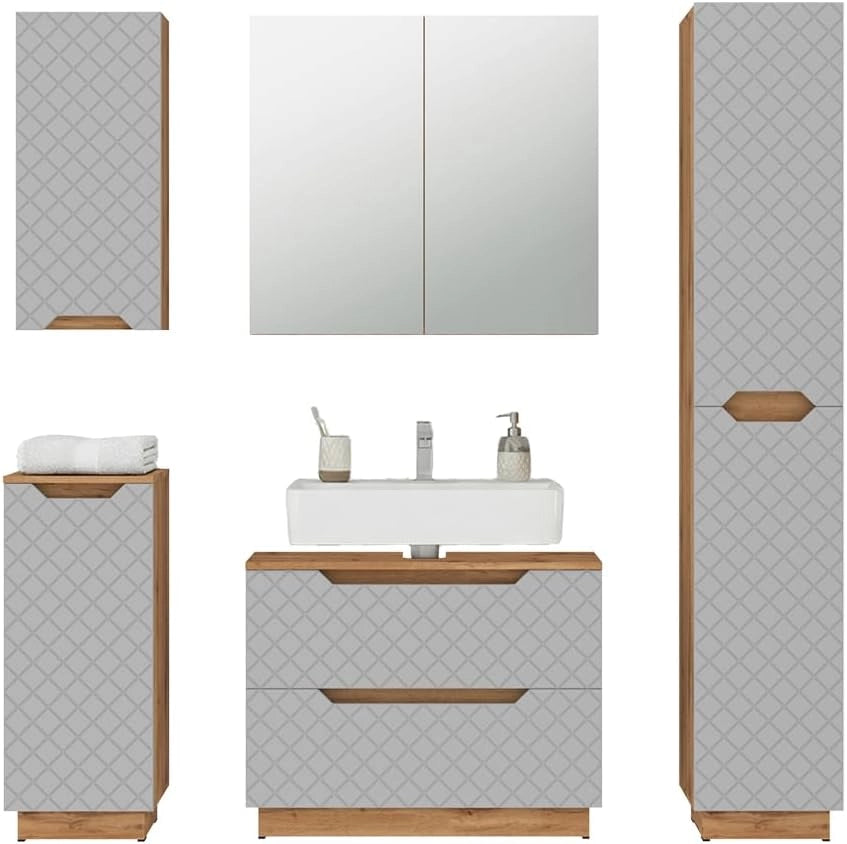 Set di mobili da bagno Lotta, Rovere/grigio con struttura in piastrelle, 5 parti
