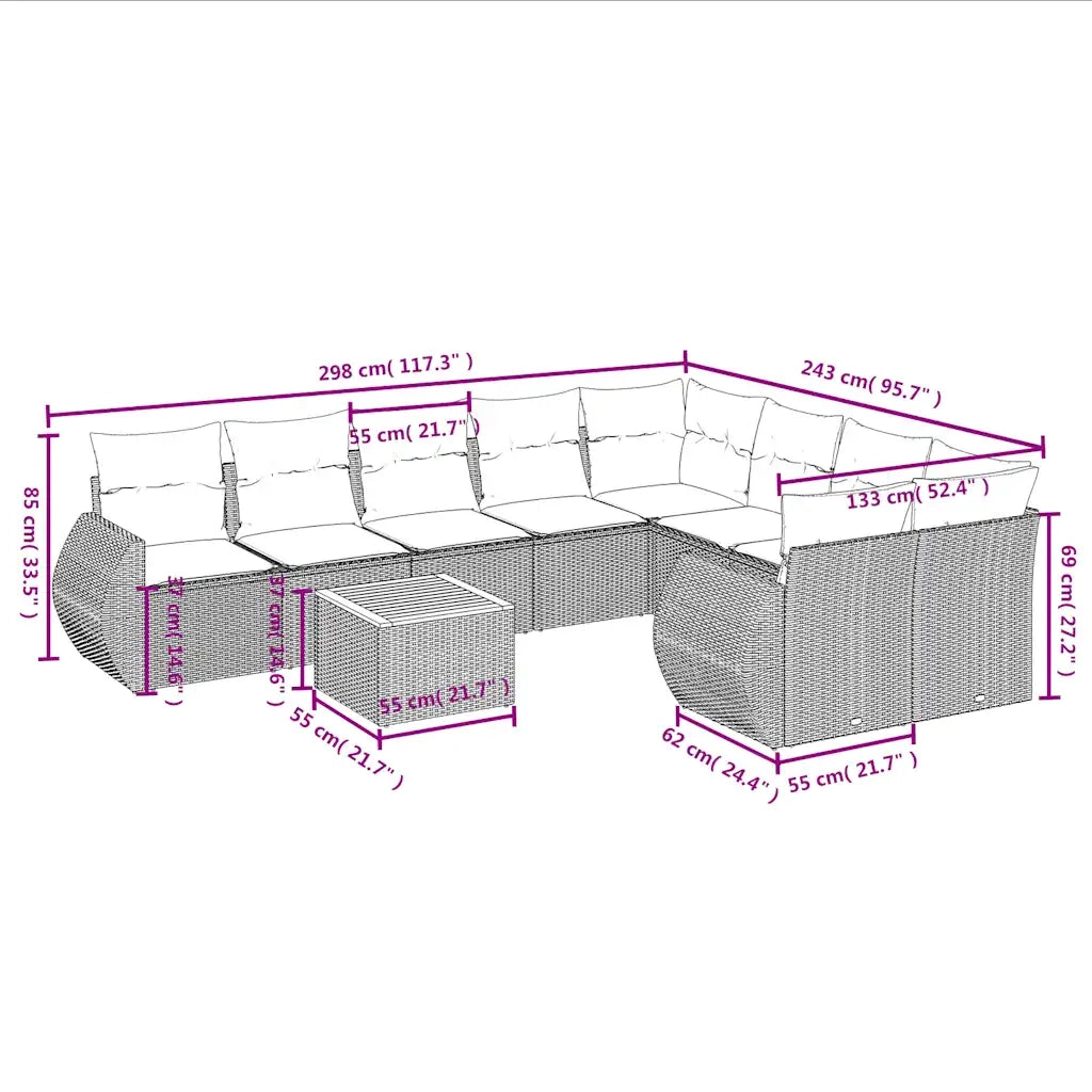 Set Divani da Giardino 10 pz con Cuscini Grigio in Polyrattan 3225165