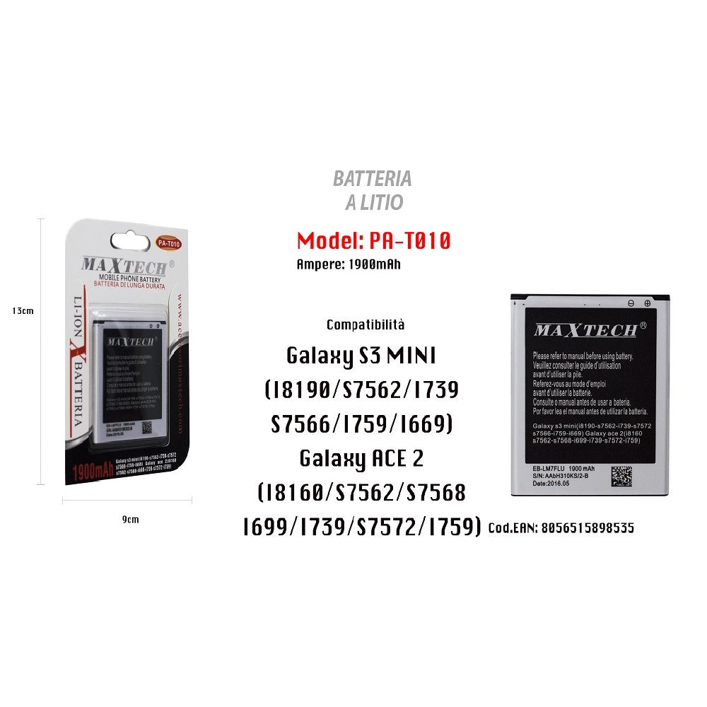 Trade Shop - Batteria A Litio Galaxy S3 Mini Ace 2 Ricambio Cellulare Smartphone 1900mah Maxtech Pa-t010 -