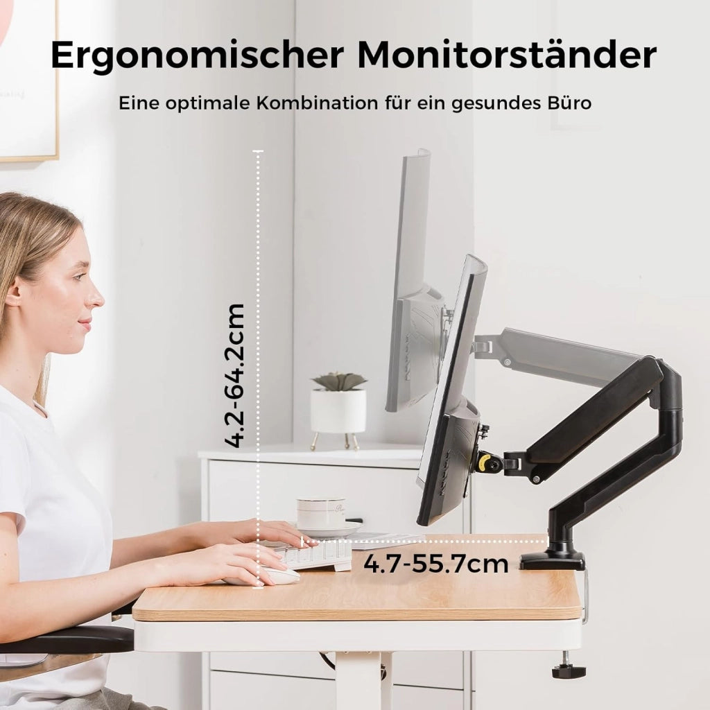 Supporto per monitor per monitor da 13 a 32 pollici, supporto singolo per braccio per monitor da 2 a 10 kg, altezza regolabile con inclinazioni, girevole, girevole, VESA 75 e 100 mm