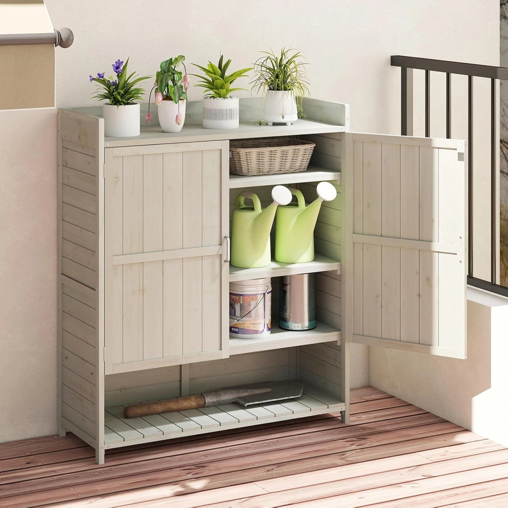 Armadio da Esterno in Legno Massello | Armadietto da Giardino con Ripiani Rimovibili, 2 Ante e Piano di Lavoro, per Balcone e Cortile