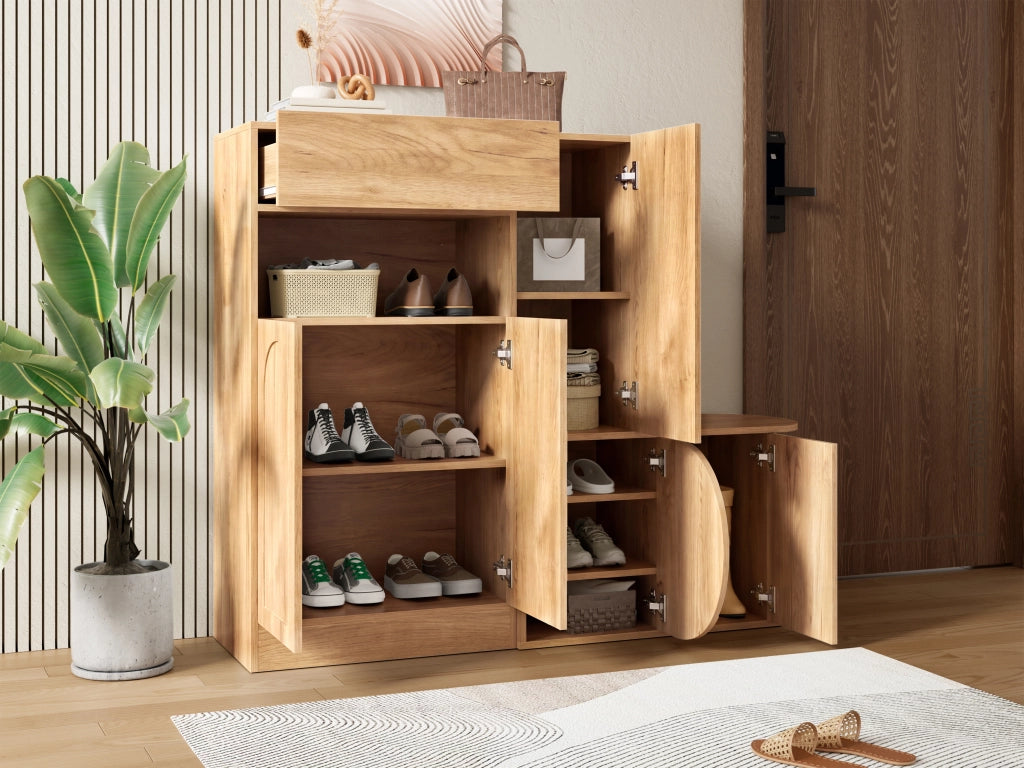 Mobile scarpiera con panca e cassetto, 5 ante e vani aperti, design moderno in finitura naturale, 130 x 35 x 110,5 cm