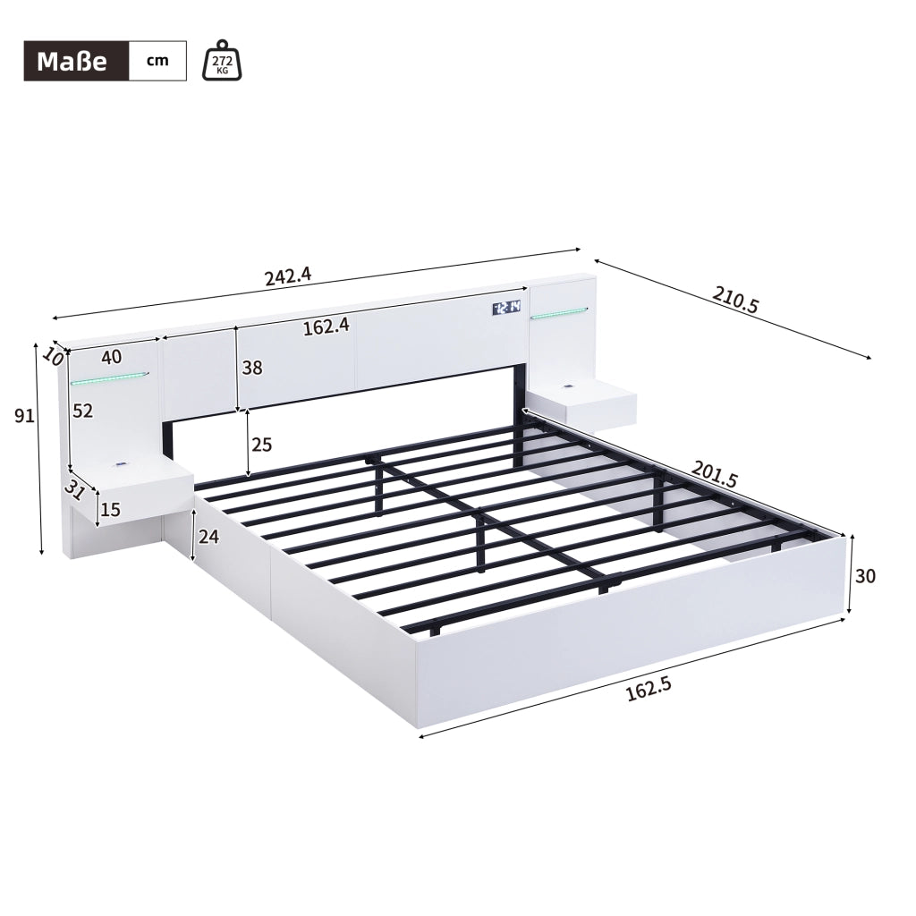 OKWISH Letto Contenitore 160×200 cm, Letto Matrimoniale con USB A, USB C, Orologio Elettronico, Altoparlante Bluetooth e LED Regolabile, senza Materasso, Bianco