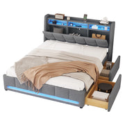 Letto con Cassetti Matrimoniale; USB; LED Regolabile e Vano Contenitore; 140 × 200 cm; senza Materasso; Lino Grigio
