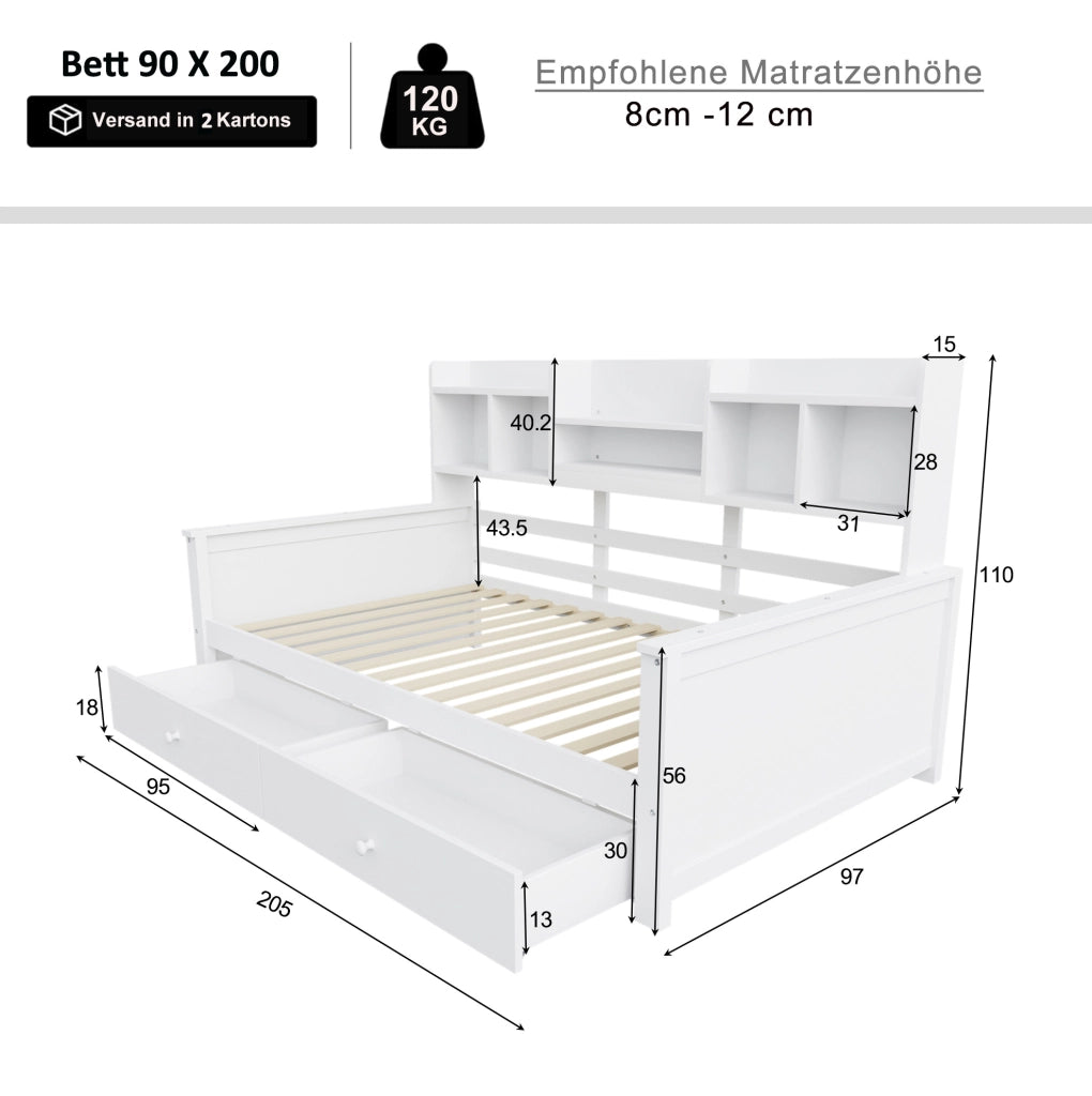 Letto singolo divano 90x200 cm bianco con cassetti