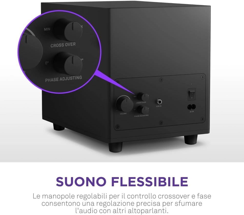 Relay Subwoofer da scrivania per gioco su PC - AP-SUB80-EU - 140 Watt - Bassi profondi e potenti - Driver rivolto in basso da 6,5 pollici - Manopole per controllo crossover e fase - Nero