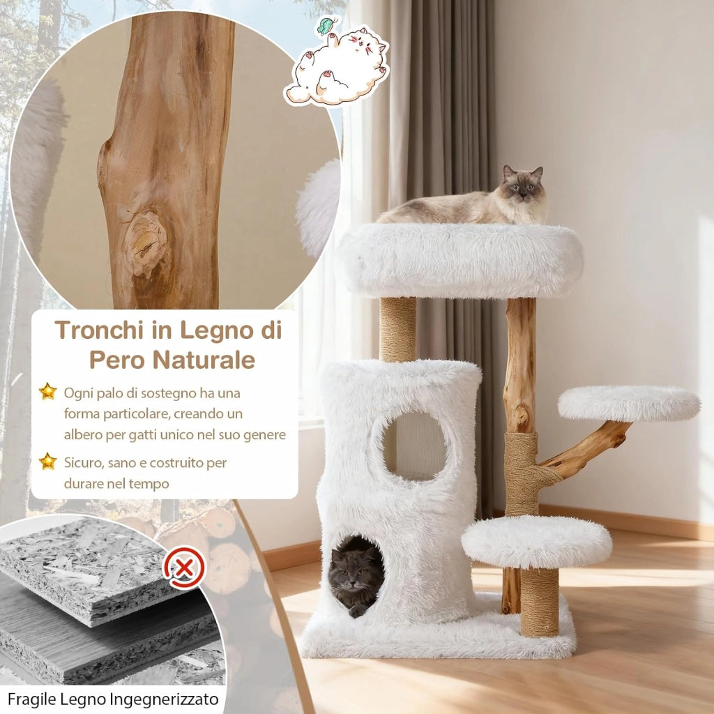Albero per Gatti Moderno da Interno, Tiragraffi per Gatti con Rametti in Legno, Tiragraffi, Condo a 2 Piani, Posatoio Morbido in Cima e Piattaforme Imbottite, Centro Attività per Gattini
