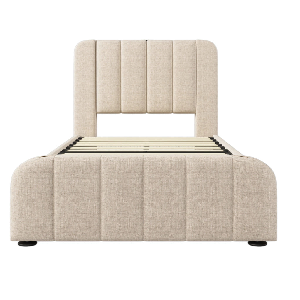 Letto imbottito singolo 90x200 cm in lino beige con 4 cassetti; USB e Type-C