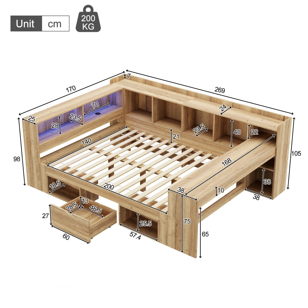 Letto Singolo Contenitore in Legno con LED, Cassetti e Scrivania ¨C MINIMAL ¨C 140x200