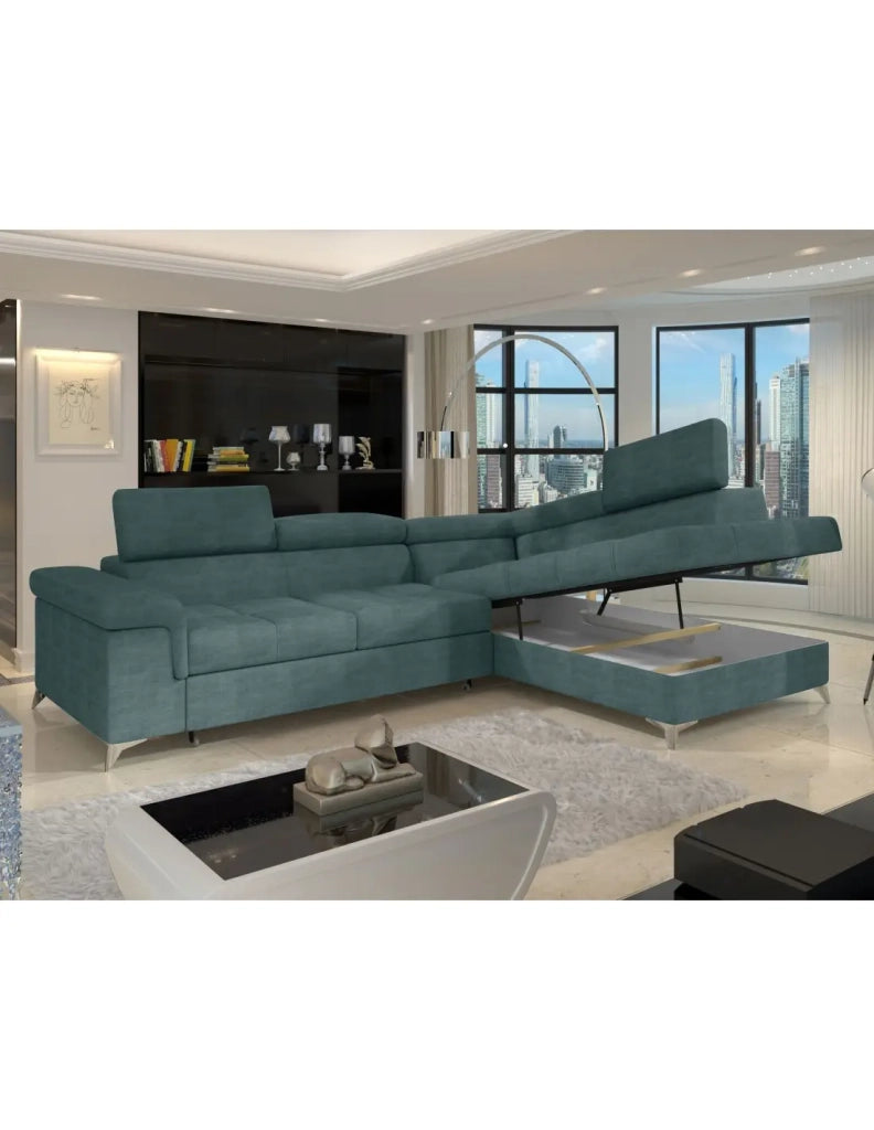 Divano angolare convertibile PALAZZO 4 posti verde blu – angolo destro con vano contenitore