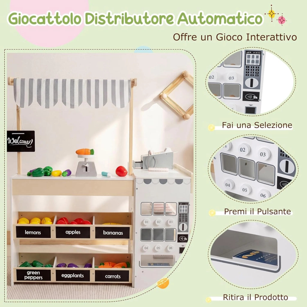 Supermercato Giocattolo per Bambini, Set di Gioco Comprasuper con Carrello, Lavagne, Distributore, Banco Cassa e Accessori Complessivi, per Bambini 3+ Anni, 89,5 x 79 x 104,5 cm
