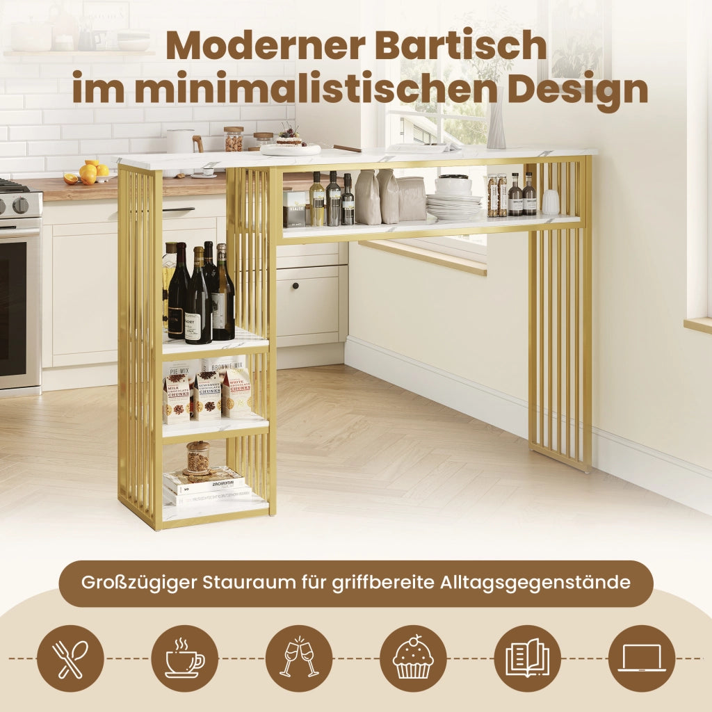 Tavolo da bar con ripiani aperti e struttura in metallo, piano in MDF effetto marmo, per cucina e sala da pranzo, 140 × 40 × 105 cm