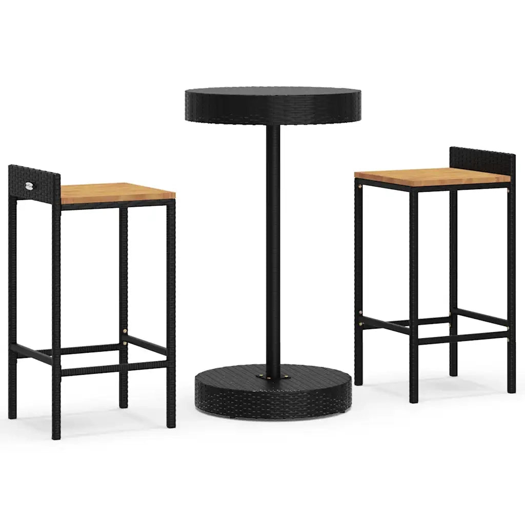 Set Bar Giardino 3 pz | Set Salotto da Giardino Nero Polyrattan e Legno Massello Acacia