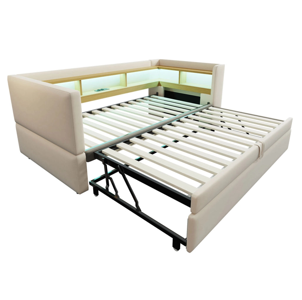 Divano letto imbottito convertibile con scomparti portaoggetti; LED e prese; 90/180 x 190 cm; beige