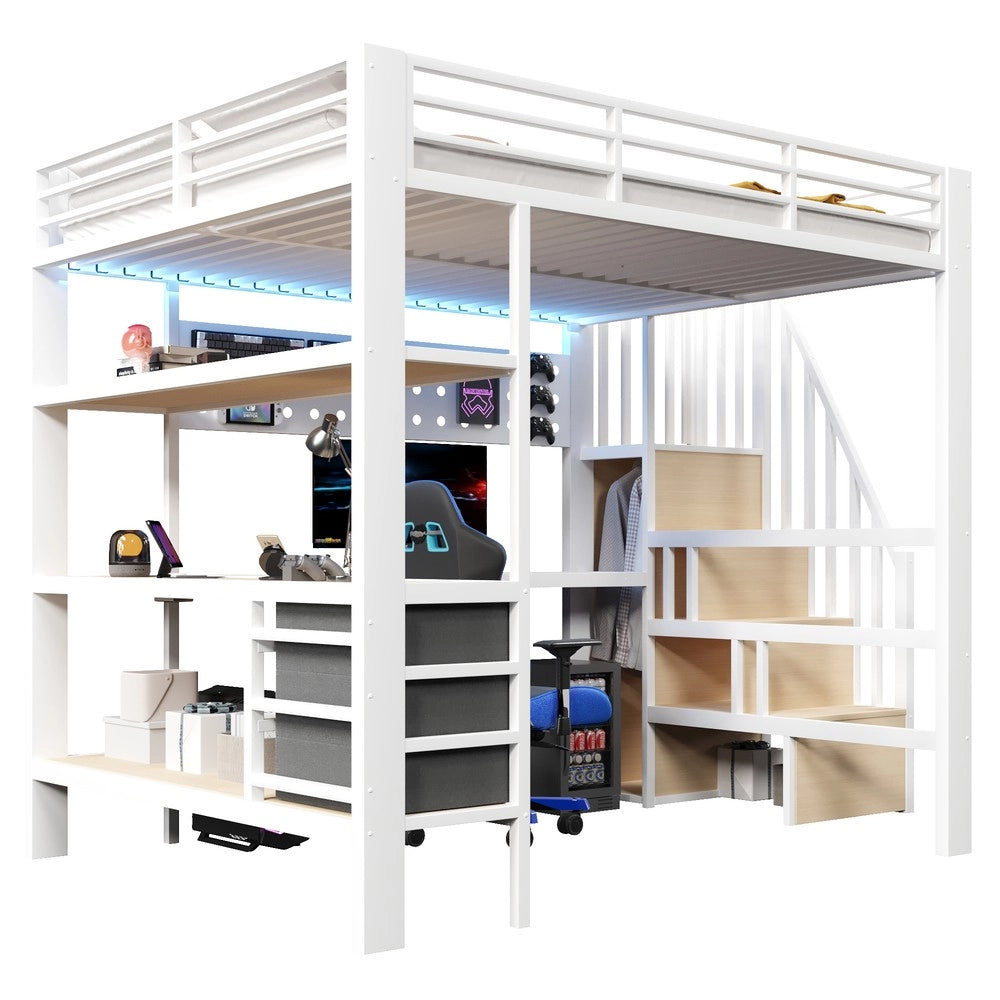 Letto a Soppalco con Scrivania, Cassetto, LED e Presa ¨C Xylo ¨C Metallo Bianco 140x200