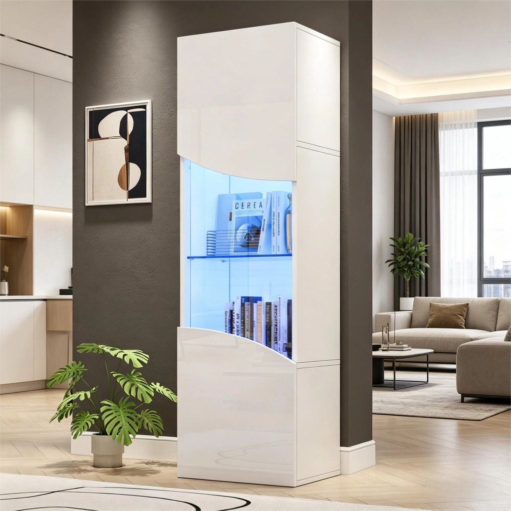 Vetrina con LED e 4 ripiani per soggiorno in truciolare e vetro temperato bianco 35 × 50 × 165 cm