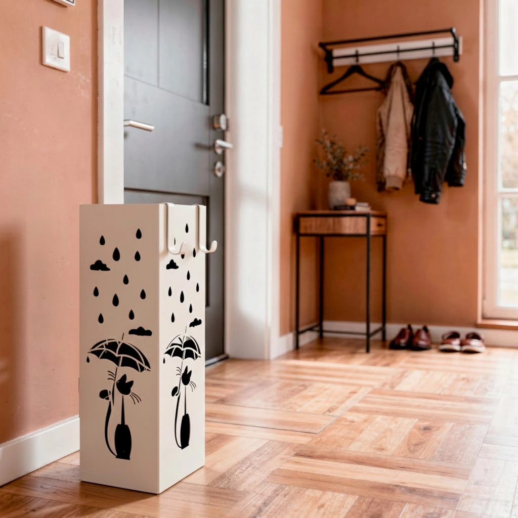 Portaombrelli Quadrato In Metallo Con Intaglio Gatto Vaschetta Scolapioggia Removibile Due Ganci Laterali Base Antiscivolo Design Moderno Per Casa E Ufficio 49 X 15.5 X 15.5 Cm Bianco