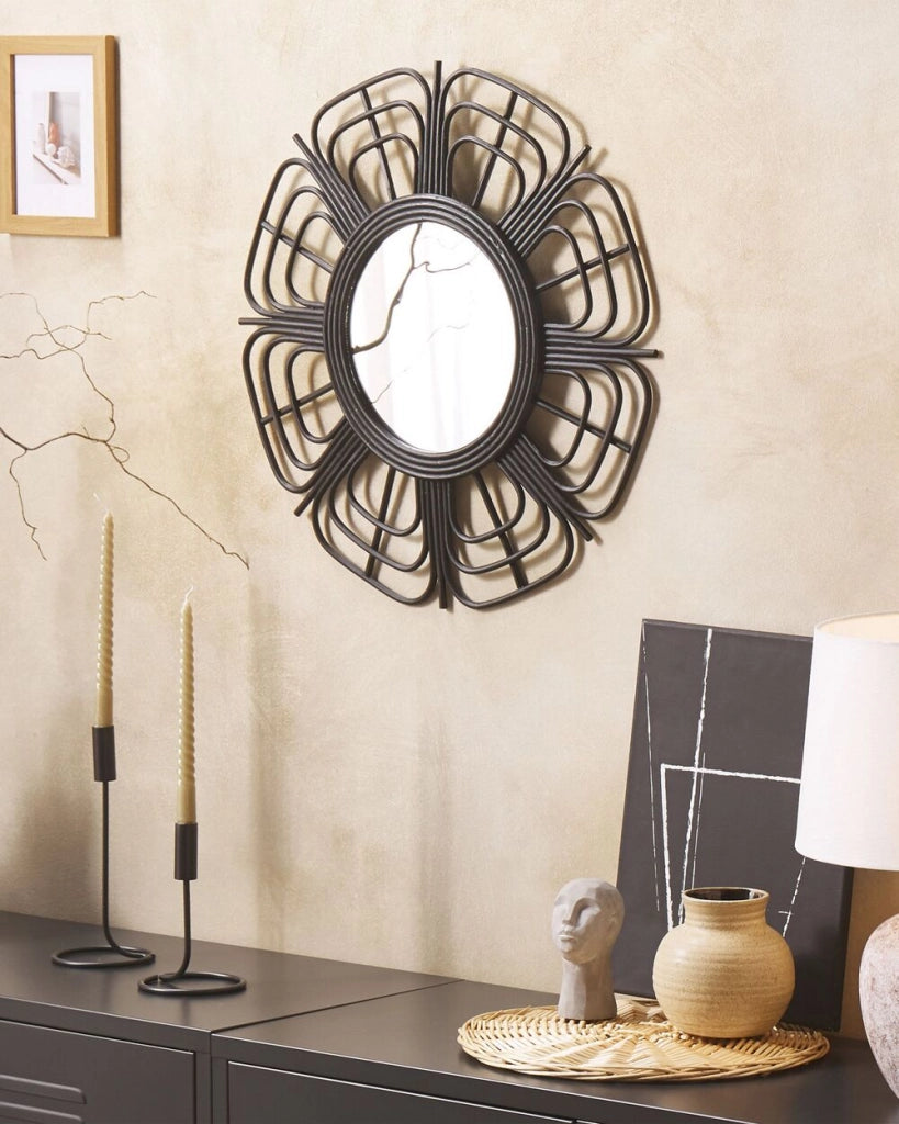Specchio da parete in rattan Nero 60 cm Boho Forma di Sole Ganci di montaggio Soggiorno Camera da letto
