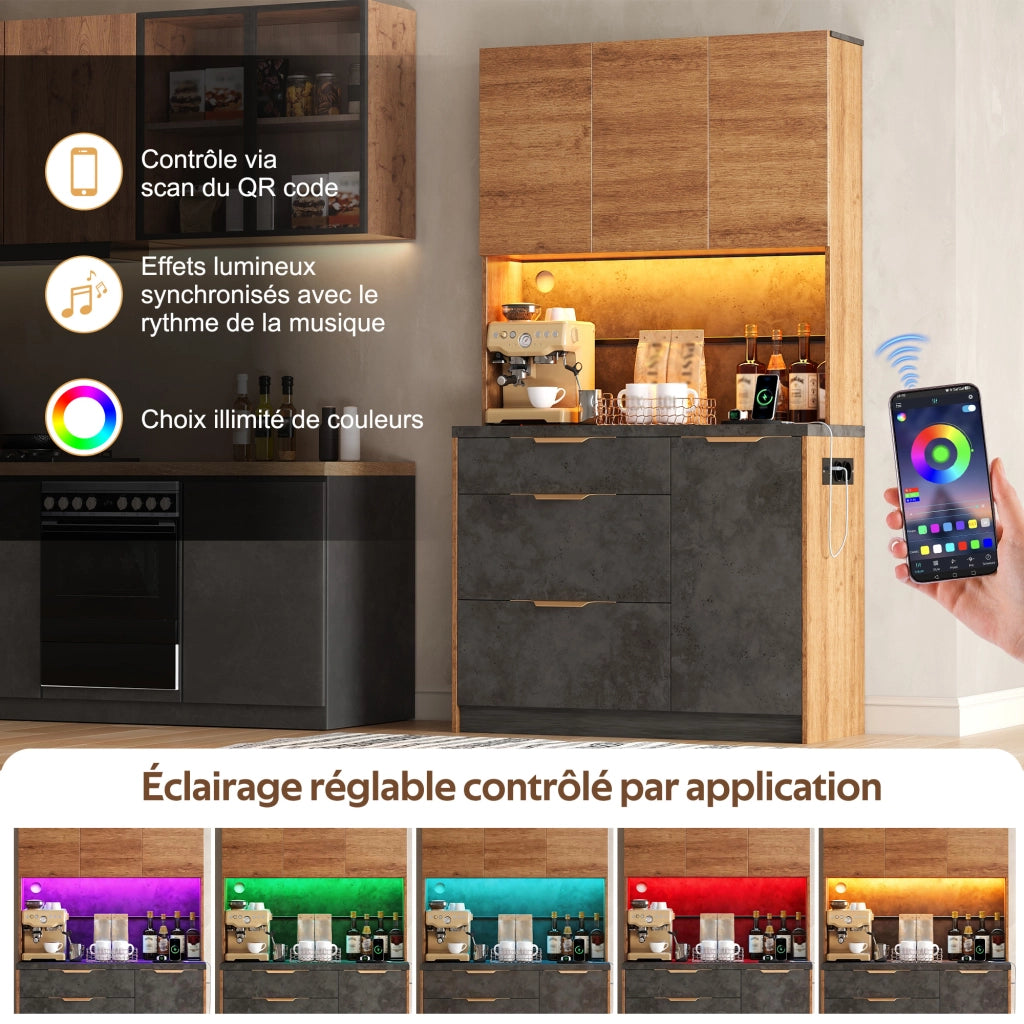 Mobile dispensa con LED RGB e prese integrate; ripiani regolabili e cassetti in MDF naturale 100 × 40 × 180 cm