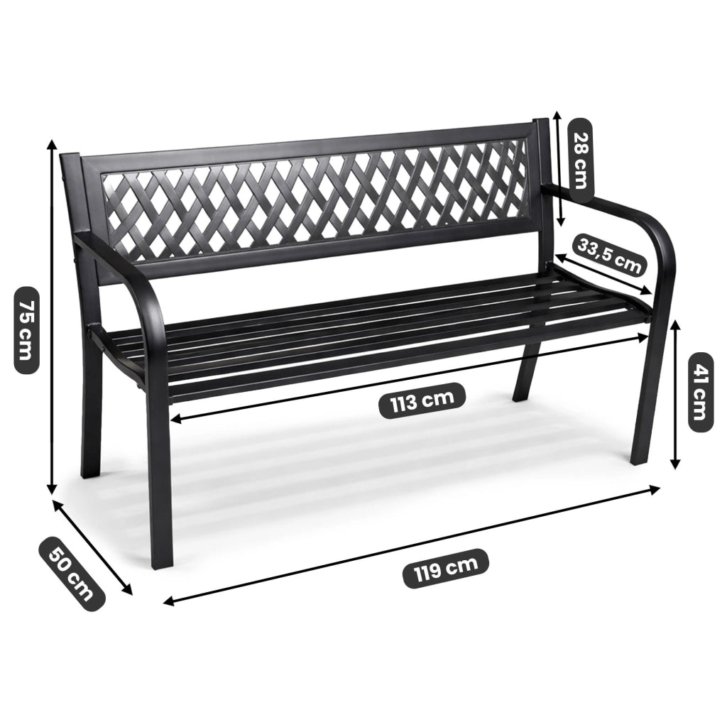 Panchina da giardino nera KALIA con gambe in acciaio larghezza 122 cm