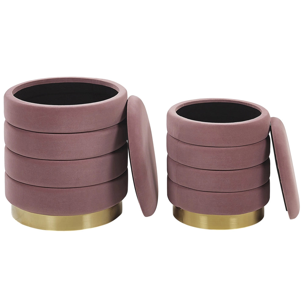 Set di 2 pouf contenitori con rivestimento in velluto giallo con base in acciaio inossidabile dorato dal design moderno