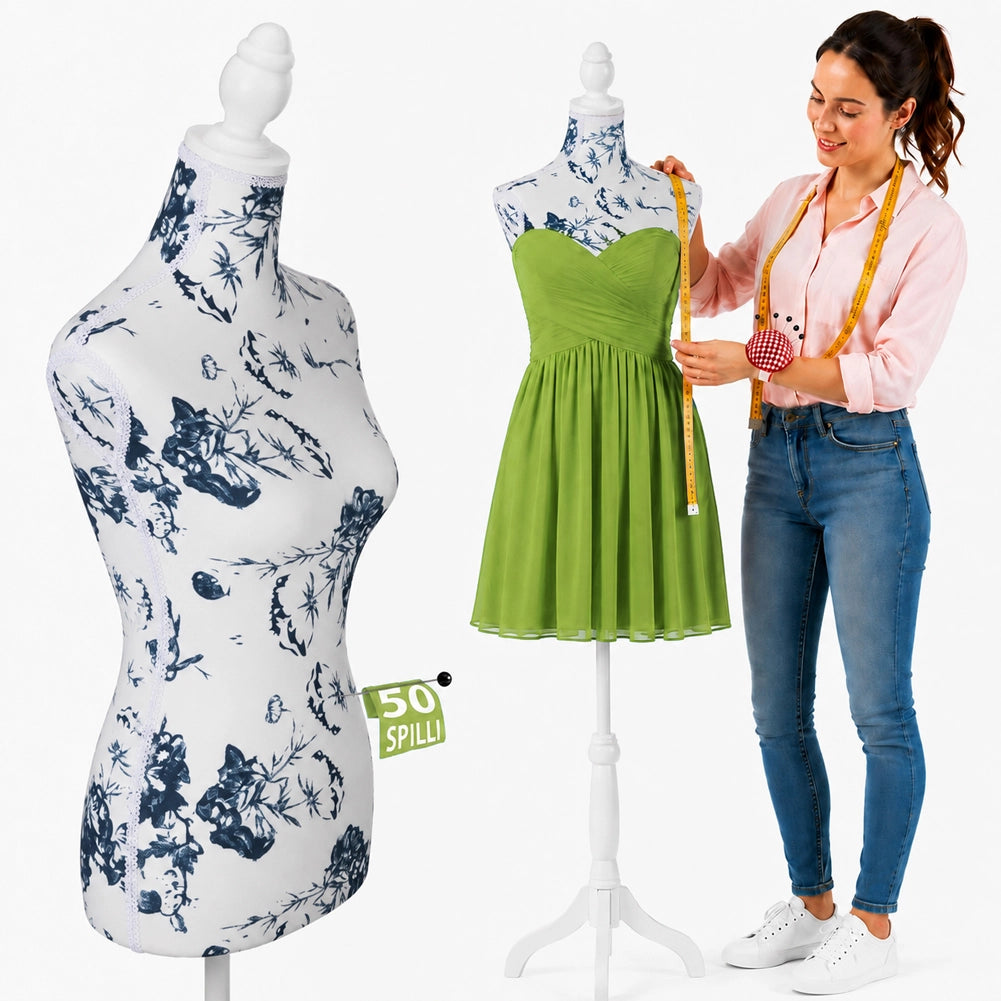 Manichino Sartoriale Femminile con 50 Spilli Modello Capri Sartoria Donna in Schiuma PE Bianco e Blu