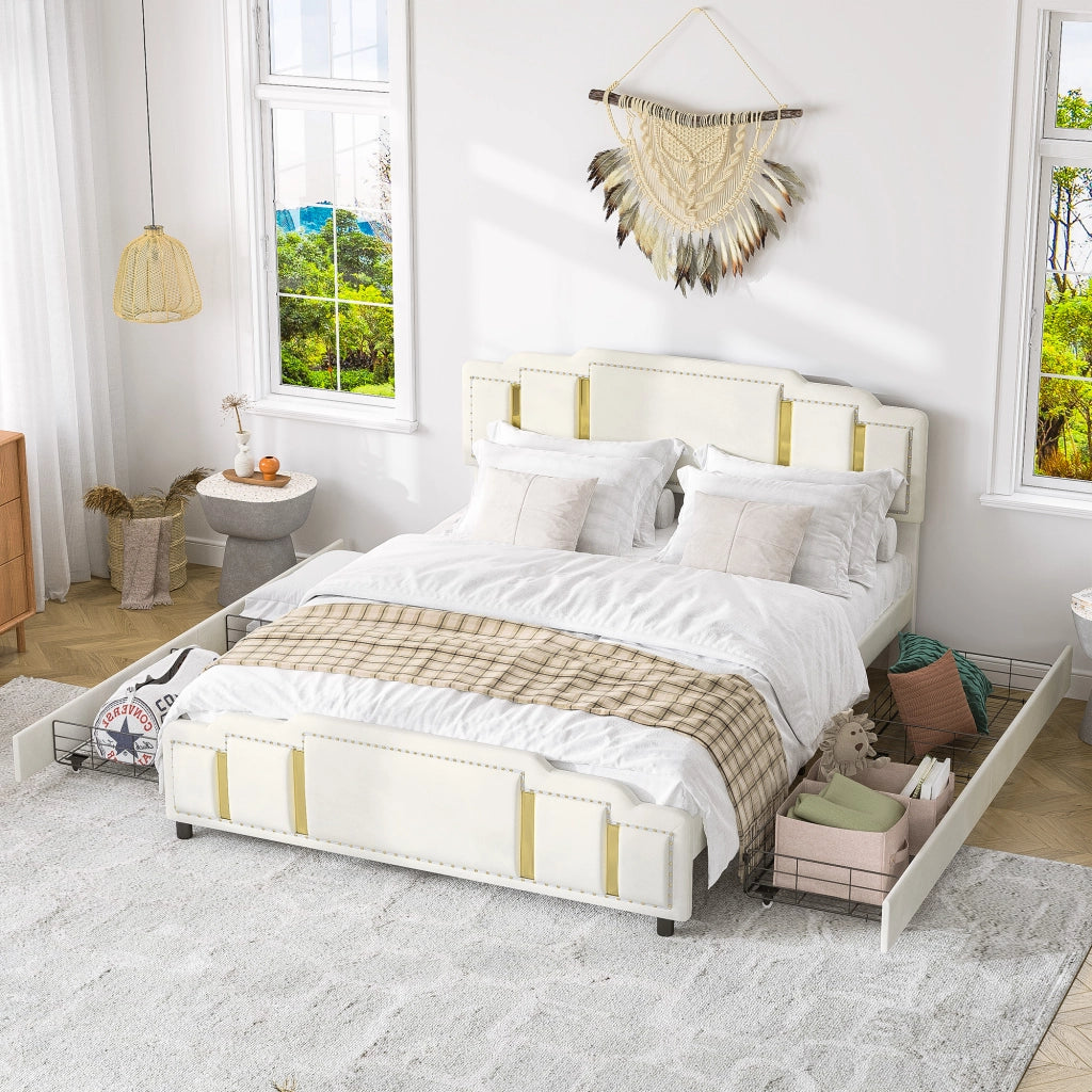 Letto con cassetti 160 × 200 cm con illuminazione LED a 7 colori, 4 cassetti, senza materasso, in velluto beige