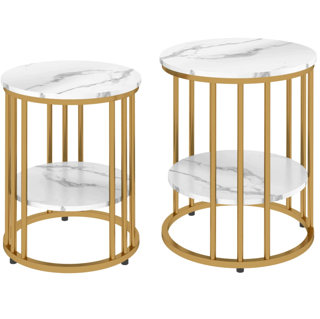 Set di 2 tavolini rotondi con ripiano effetto marmo bianco