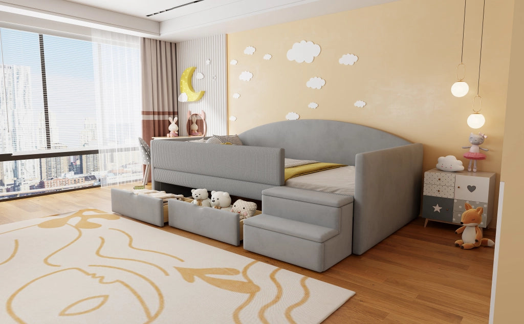 DESMIU Letto singolo 90 × 190 cm con 2 cassetti, sponde e gradini, senza materasso, in velluto, grigio chiaro