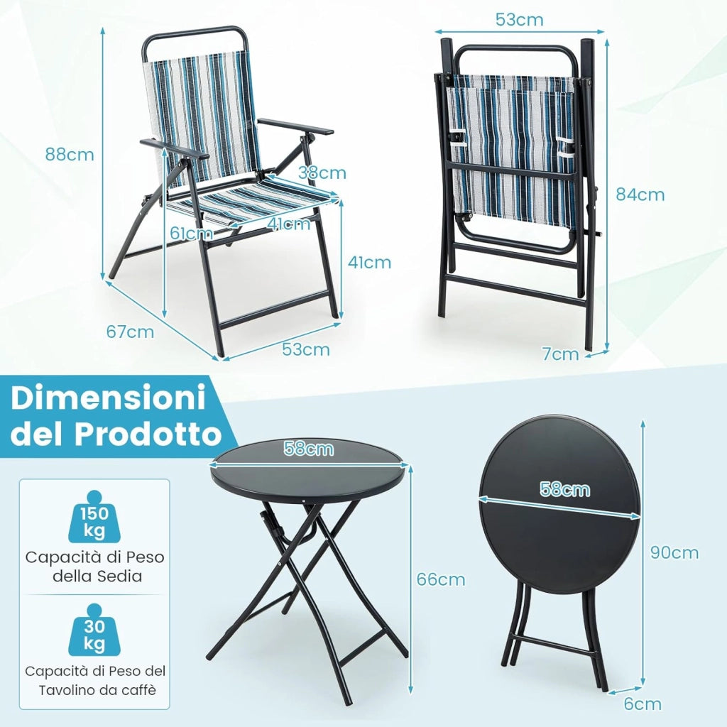 Set Tavolo e Sedie da Giardino Pieghevoli 3 Pezzi, Set Mobili da Esterno con 2 Sedia in Textilene e Tavolino Rotondo in Vetro Temperato, Salottino da Esterno Giardino Balcone