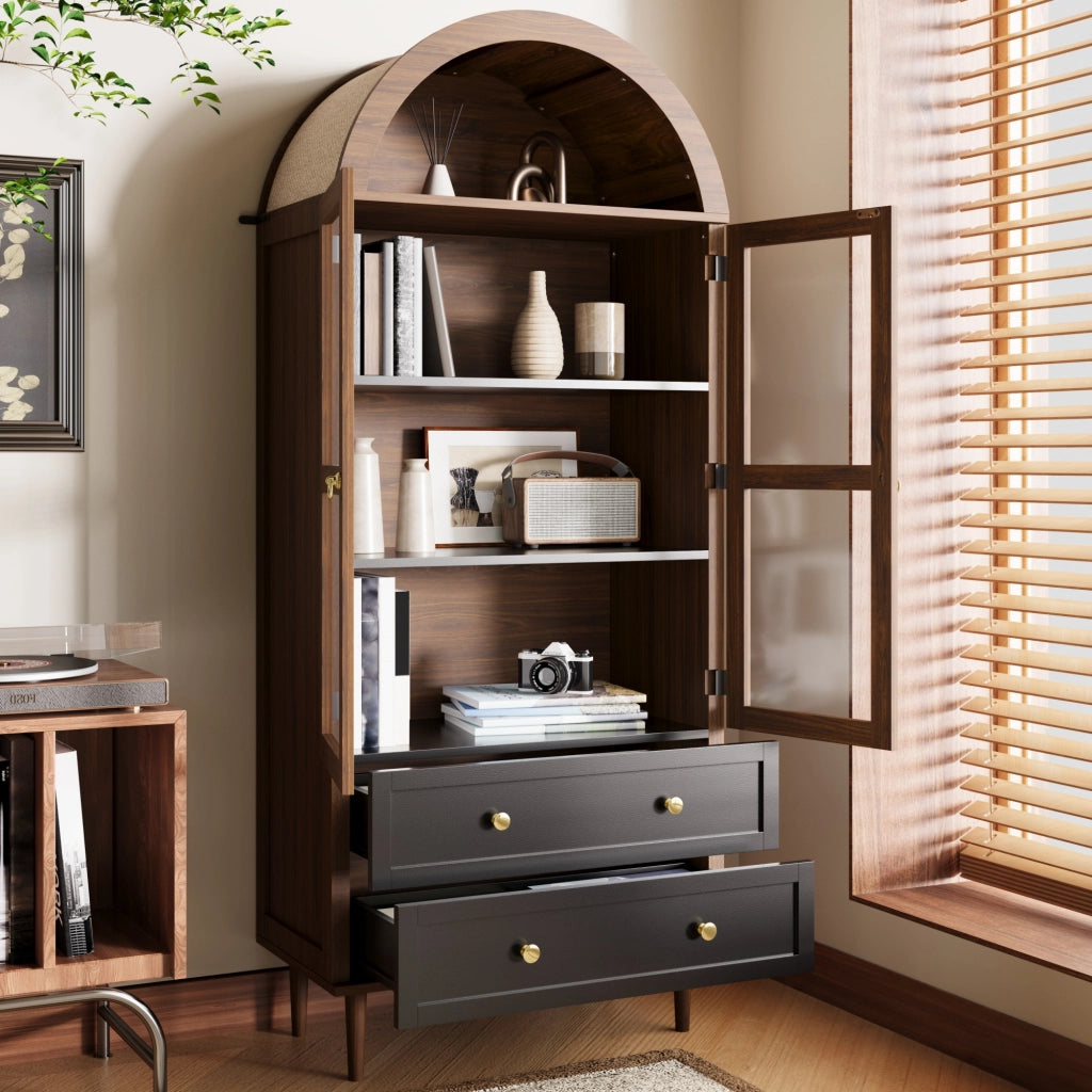 Credenza moderna con ripiani regolabili e vetro rigato; 70x38x165 cm; noce