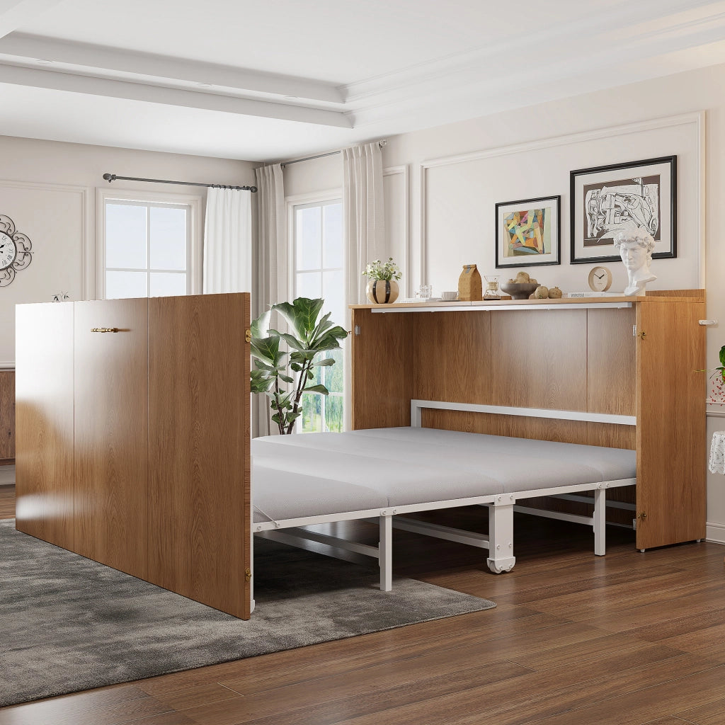 Letto a Scomparsa 140 x 200 cm; Letto Matrimoniale con Ruote Silenziose in Legno e Metallo