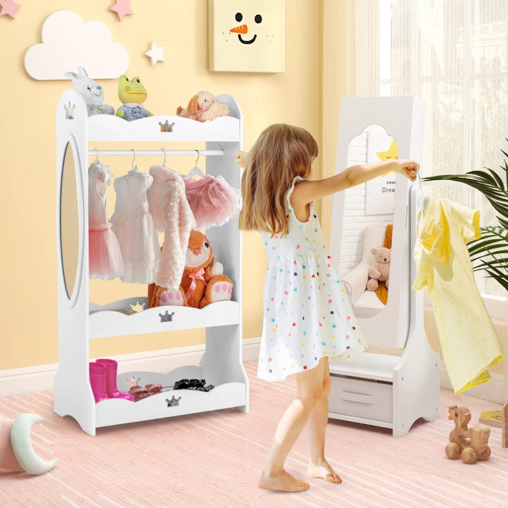 Armadio portagioie per bambine regalo di compleanno e natale per ragazze-Specchio da toilette per bambini con ganci ripiani e cassetti Bianco