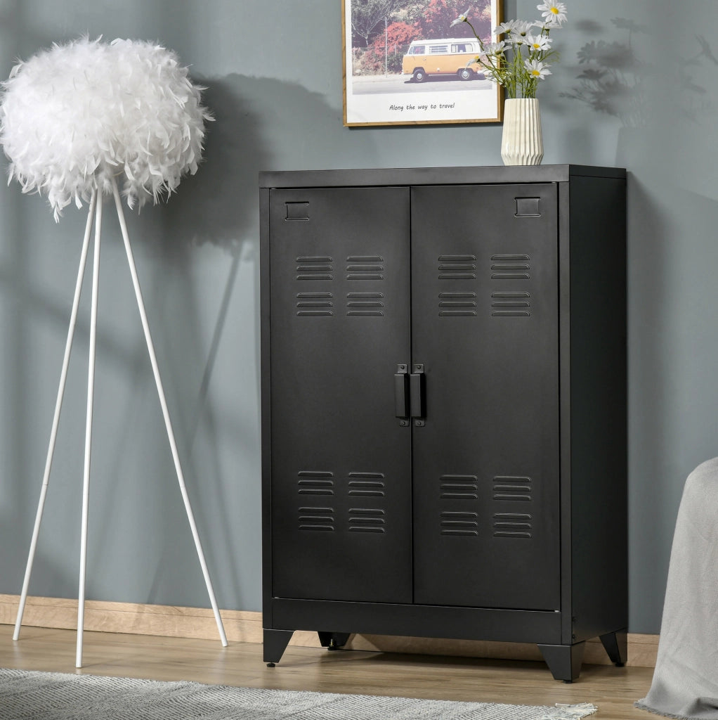 Armadio contenitore in metallo nero con ante a lamelle e 2 ripiani regolabili; 75 x 33 x 110 cm