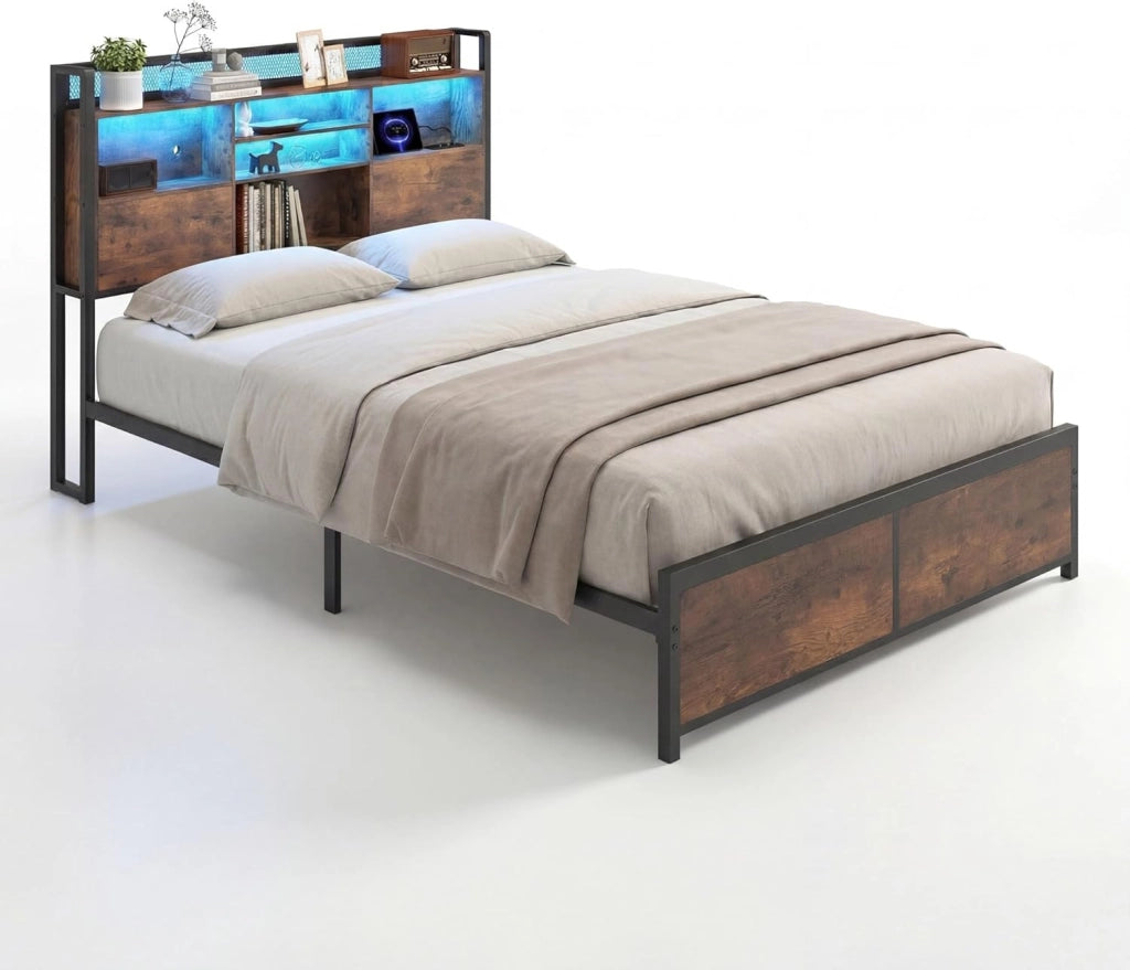 Struttura Letto Matrimoniale con Luci LED, Stazione di Ricarica, Telaio Letto in Metallo, Testiera Industriale in Legno con Ripiani Aperti e Vano Nascosto, Rete a Doghe (140 x 200 cm)