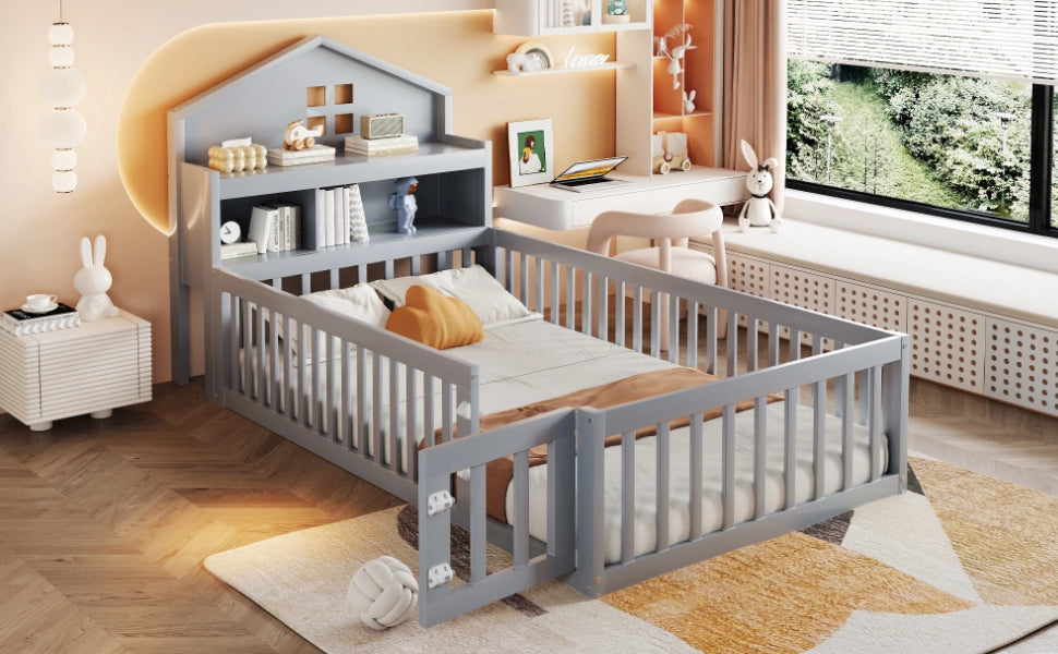Letto a forma di casa grigio in legno massello con funzione contenitore e rete a doghe 90x200 cm