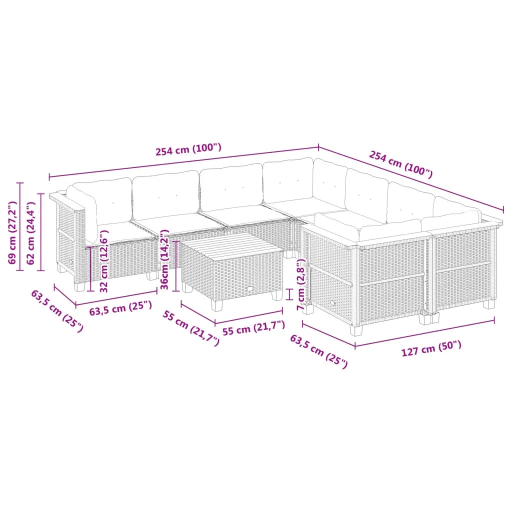Set Divani da Giardino 9 pz con Cuscini Nero in Polyrattan 3261773