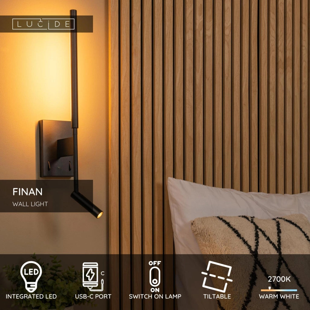 Applique LED da parete nera FINAN Lucide USB-C