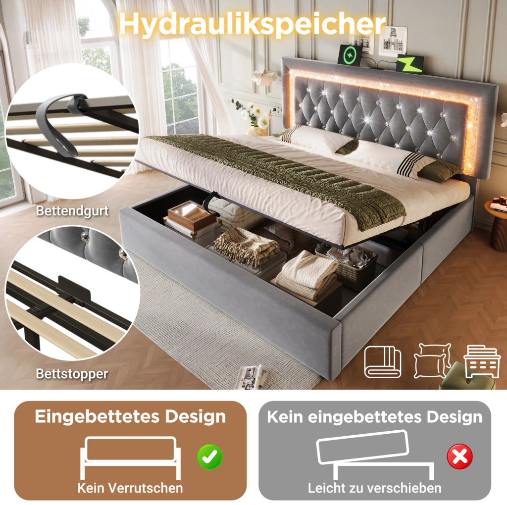 Letto imbottito 140x200 cm con LED, USB e contenitore idraulico