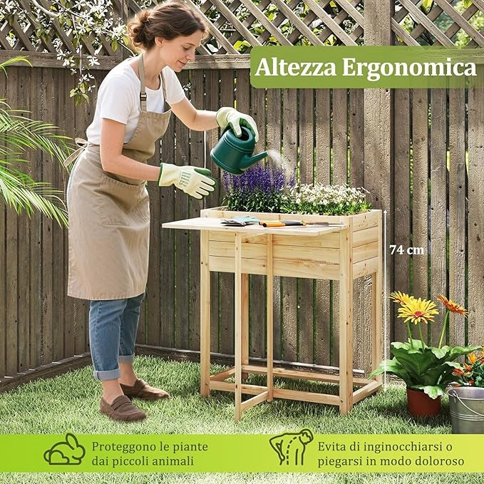 Letto da Giardino Rialzato, Orto Rialzato in Legno con Gampe, Tavolino Laterale Pieghevole e Drenaggio, Fioriera da Esterno per Fiori, Verdure e Frutta, 63 x 67 x 74 cm