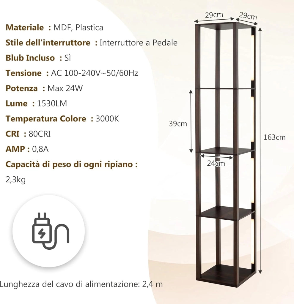 Lampada da Terra con Mensola, Lampadine LED Dimmerabili a 3 Livelli e Poli LED Ruotabili, Piantana Lampada da Terra per Soggiorno, Studio e Camera da Letto (Marrone)