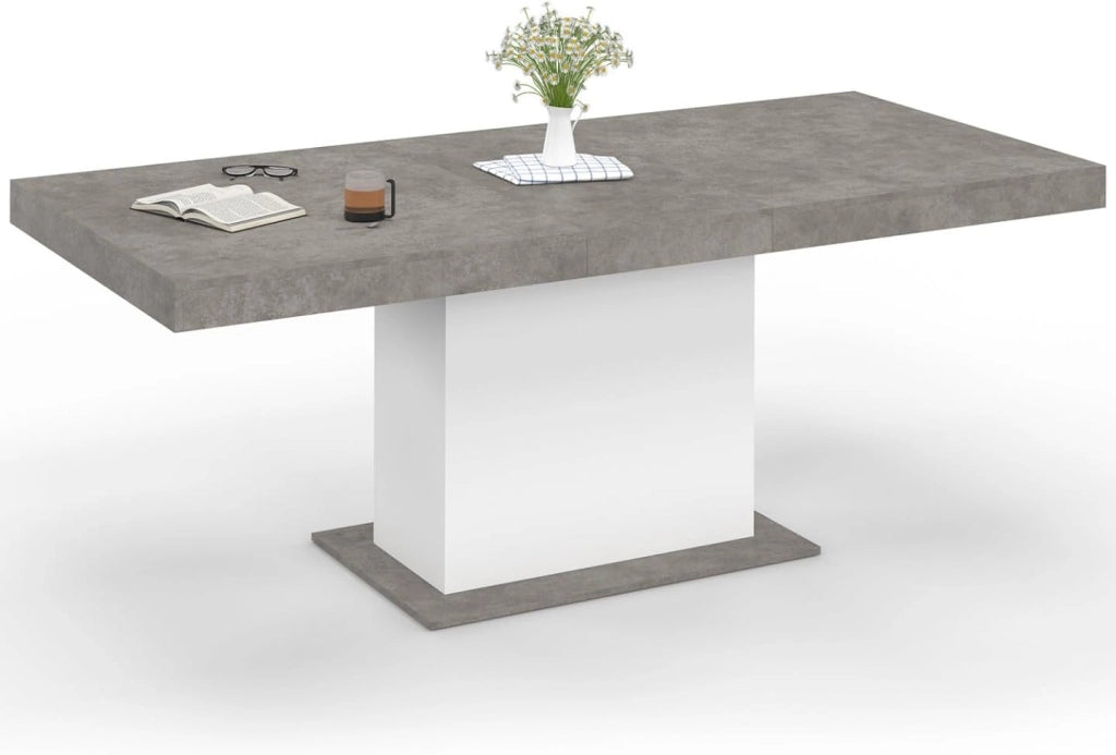 Tavolo da pranzo rettangolare allungabile EDEN 6-10 persone in cemento e bianco 160-200 cm