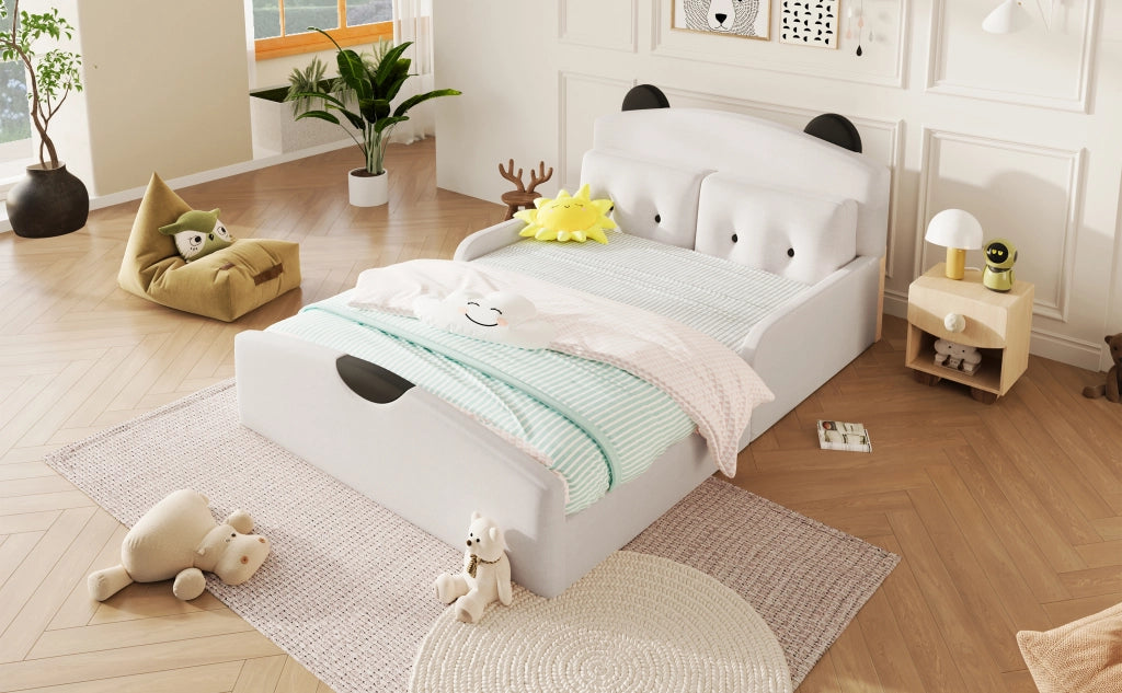 Letto per bambini 140 × 200 cm con testiera a orsetto imbottita, 2 cuscini decorativi, senza materasso, bianco