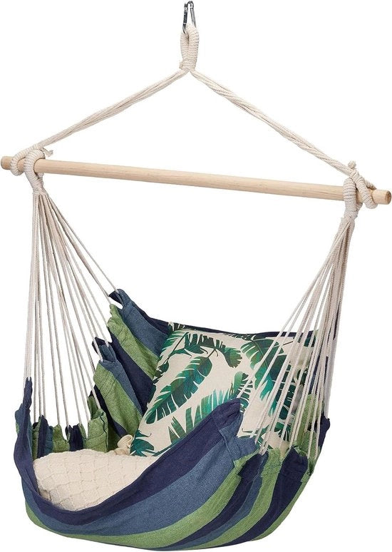 Sedia a sospensione per interni ed esterni - 150 kg - cotone e legno - sedia a sospensione per bambini e adulti - blu verde